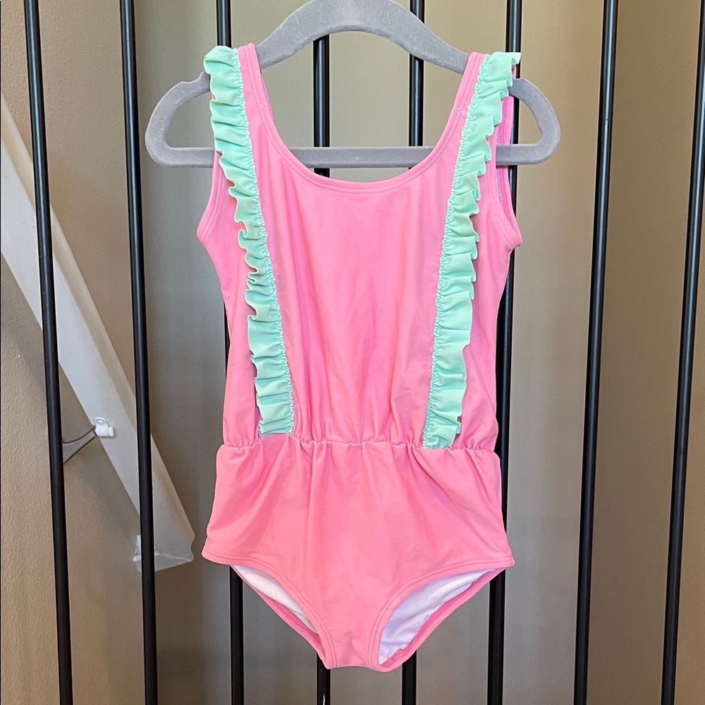 Hanna Andersson Pink One-Piece Swimsuit with Mint Ruffle Straps 3T